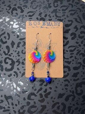 Multicolor Spiral Drop Earrings with Blue Beads silver plated hooks